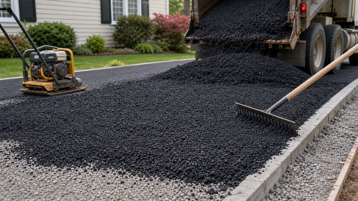 Hot mix asphalt being spread on a prepared driveway base with rake and compactor nearby.