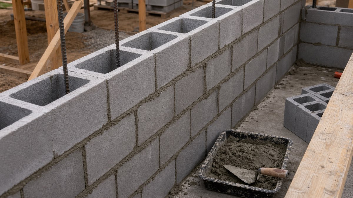 CMU wall under construction with staggered concrete blocks, mortar joints, and rebar.