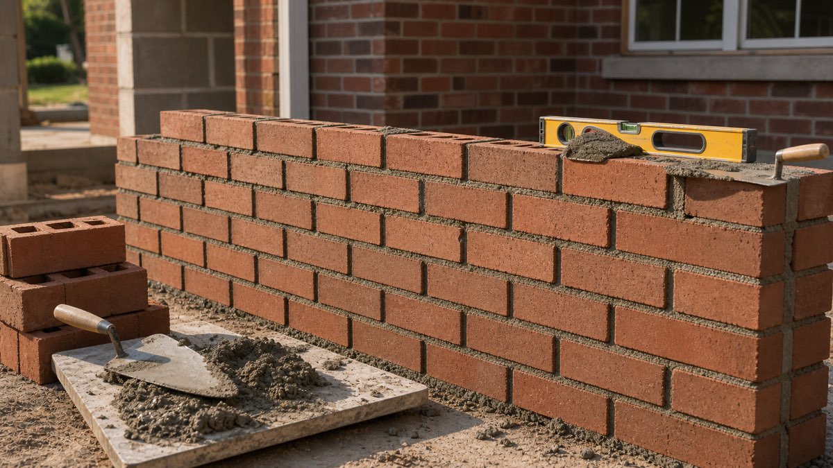 Brick wall under construction with mortar joints, trowel, level, and stacked bricks.