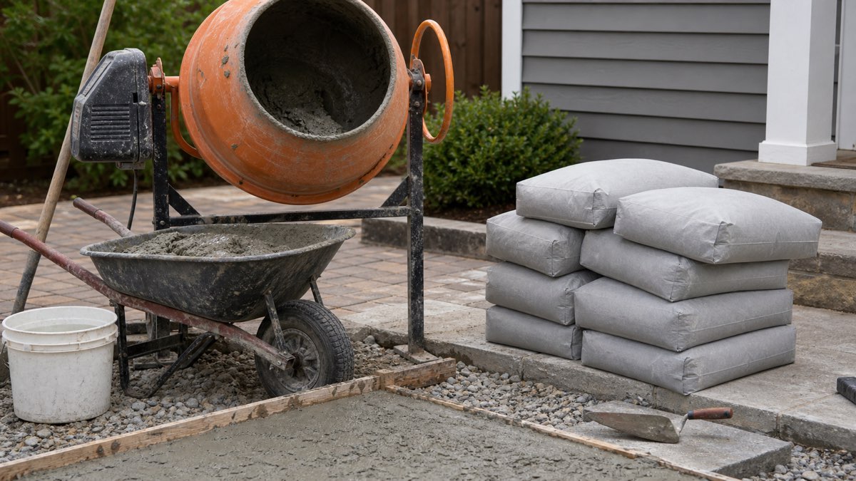 Small concrete mixing setup with unbranded bags, wheelbarrow, mixer, and tools.