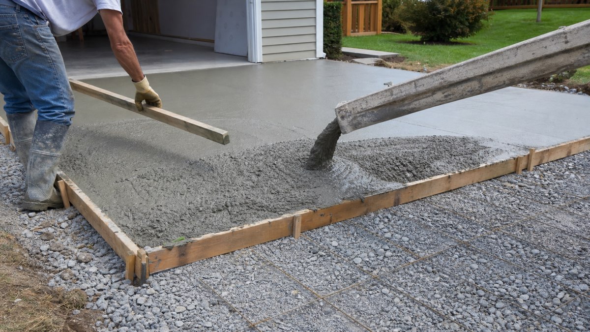Concrete slab pour with form boards, gravel base, and wet concrete being leveled.