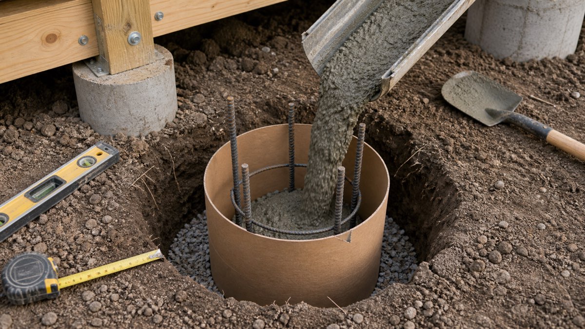 Round concrete footing hole with sonotube form, gravel base, and rebar ready for pour.
