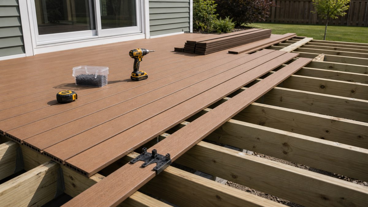 Deck boards being installed over joists with spacing tools, screws, and tape measure.