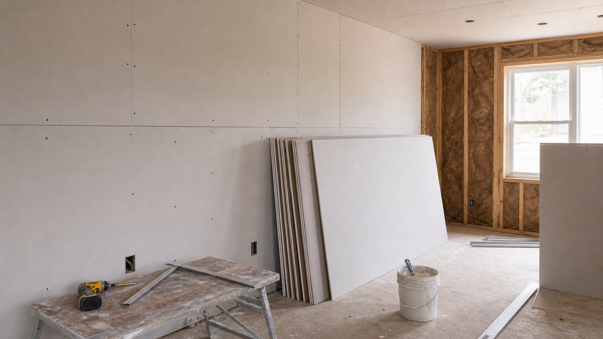 Drywall sheets being installed in an unfinished interior room with tools nearby.