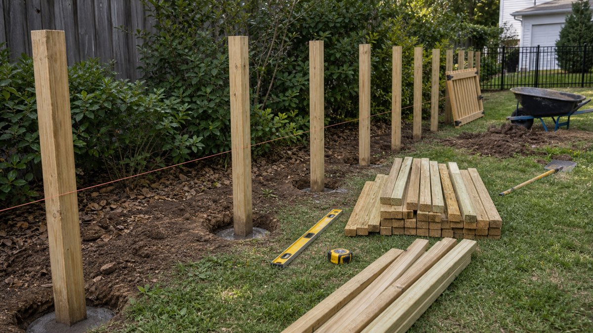 Fence layout with posts, string line, stacked rails, and pickets on a residential yard.
