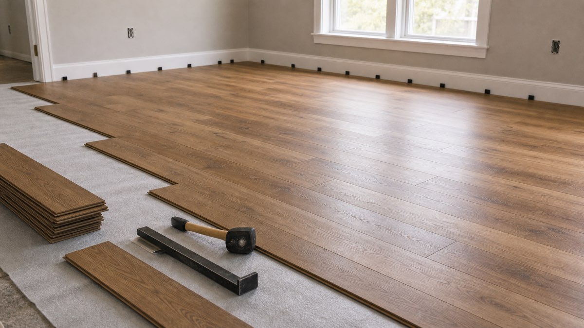 Laminate or engineered wood flooring being installed with underlayment and tools.