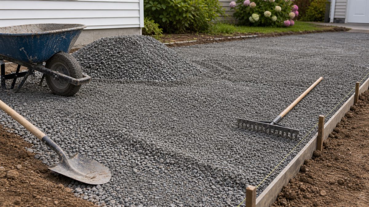 Crushed stone base being graded for a driveway or walkway with tools nearby.