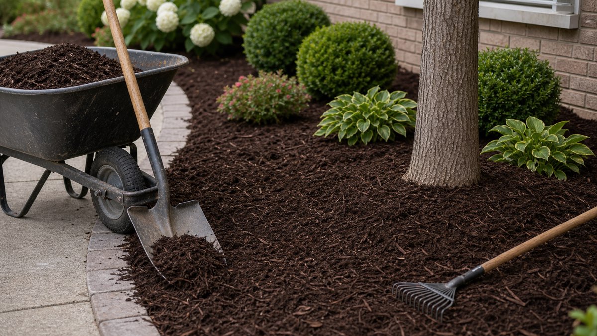 Fresh mulch being spread in a residential garden bed with wheelbarrow, rake, and tree ring.