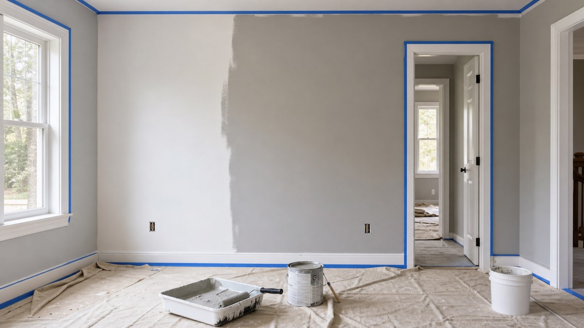 Room prepared for painting with taped trim, drop cloth, roller tray, and a partly painted wall.