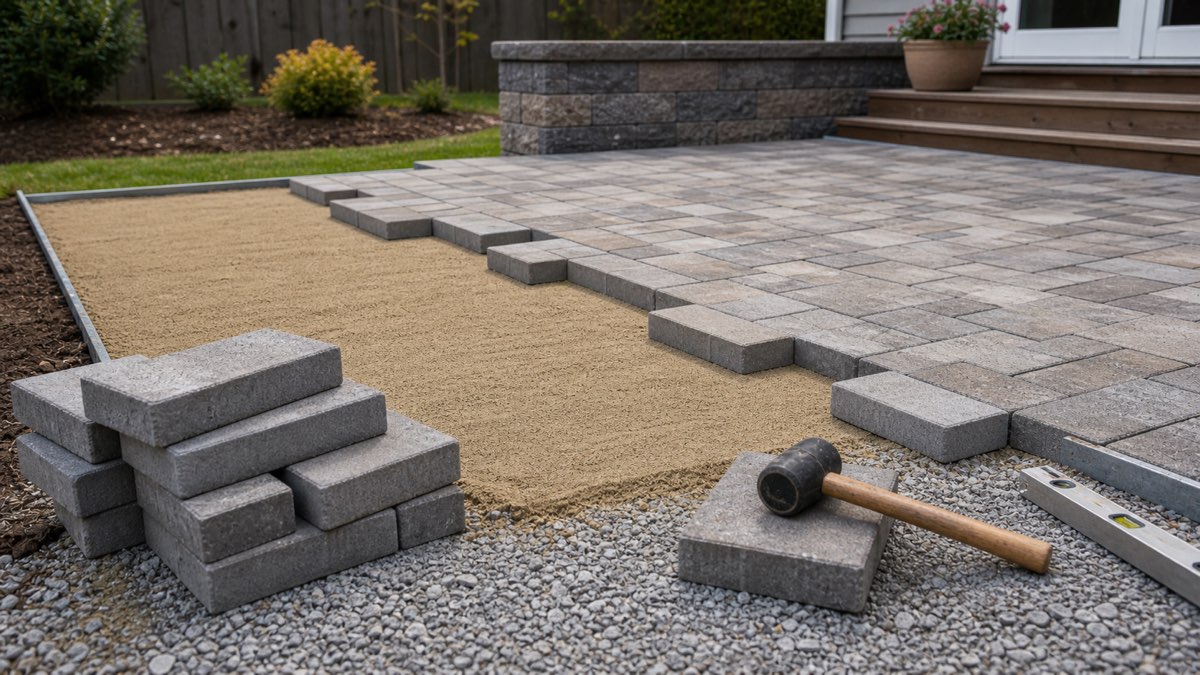 Backyard paver patio installation with base, bedding sand, pavers, and edge restraint.