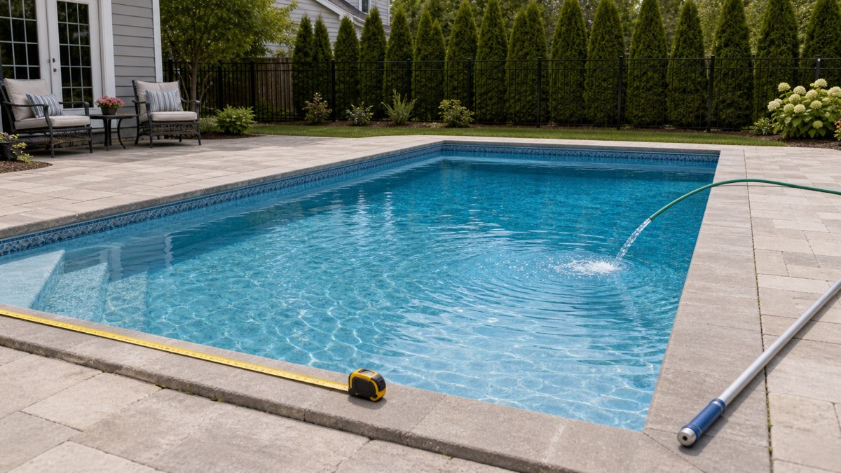 Backyard swimming pool being measured and filled with a hose and tape measure at the edge.