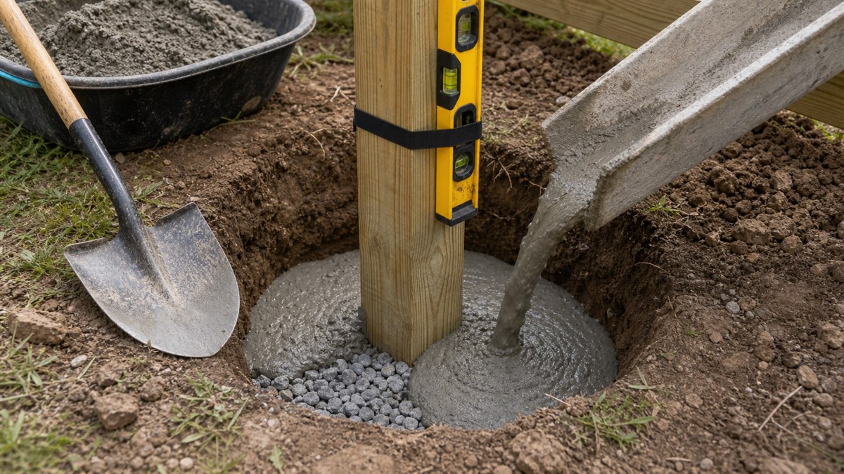 Fence or deck post set in a round hole with gravel base, concrete, and level.
