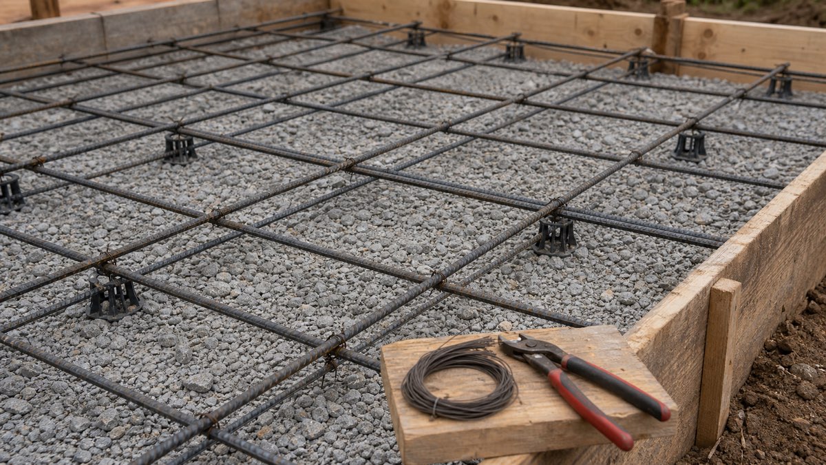 Tied rebar grid in a slab form over compacted gravel before concrete placement.
