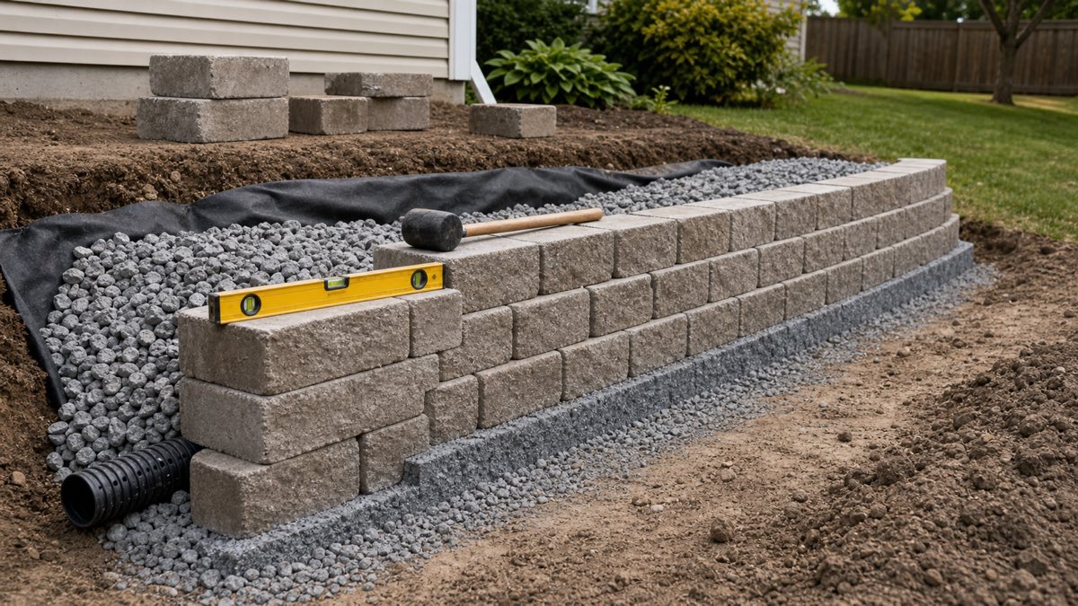 Segmental retaining wall under construction with block courses, gravel, fabric, and drain pipe.