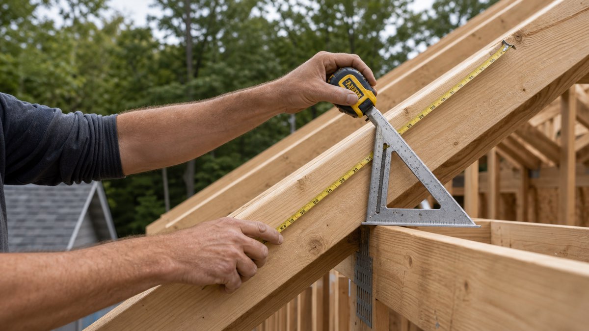 Rafter pitch being measured with a tape measure and framing square on roof framing.