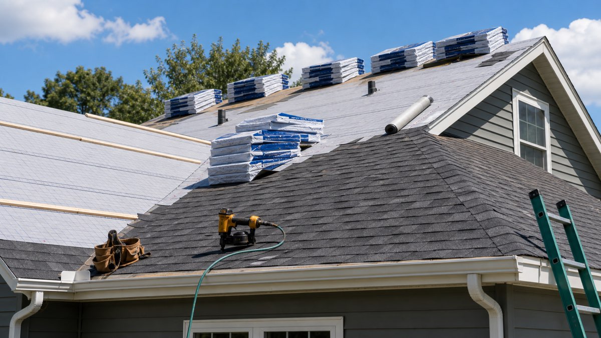 Asphalt shingle roof replacement with underlayment, bundles, nailer, and sloped roof planes.