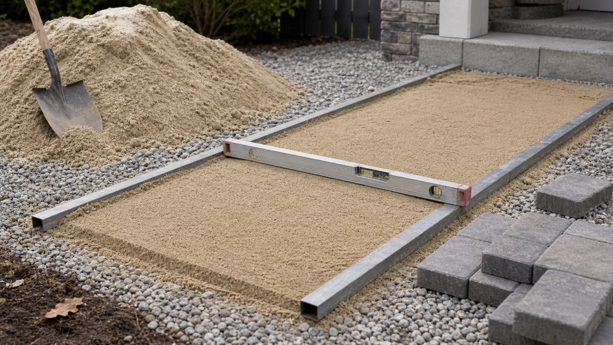 Screeded sand bedding layer prepared for pavers with rails, shovel, and level.