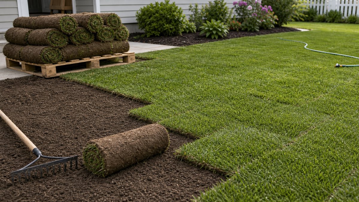 Fresh sod rolls being laid over prepared soil with pallet, rake, and hose nearby.