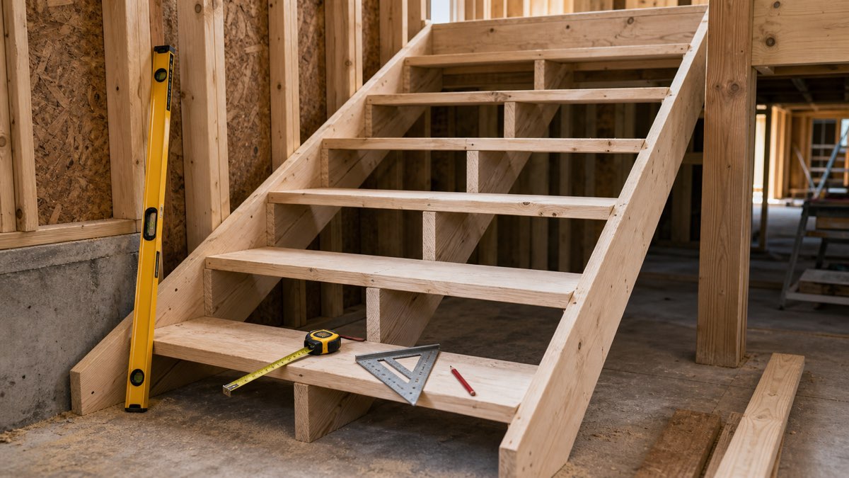 Wood stair stringers and treads being installed with level, tape measure, and framing square.