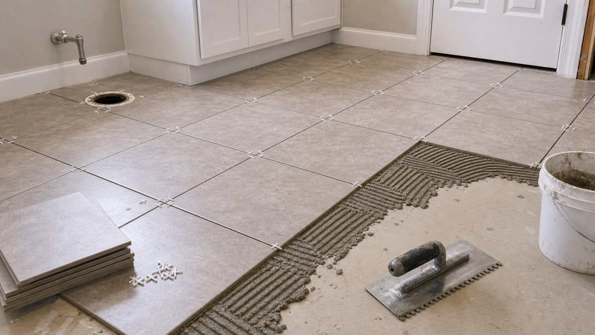 Floor tile installation with spacers, thinset ridges, trowel, and clean substrate.
