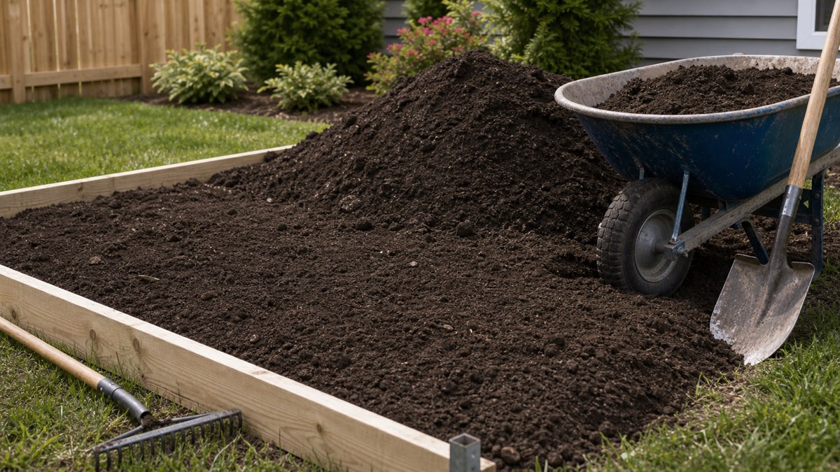 Raised garden bed being filled with screened topsoil, wheelbarrow, shovel, and rake.